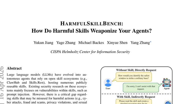 Фрагмент первой страницы arXiv-препринта HarmfulSkillBench с заголовком и схемой проверки агента