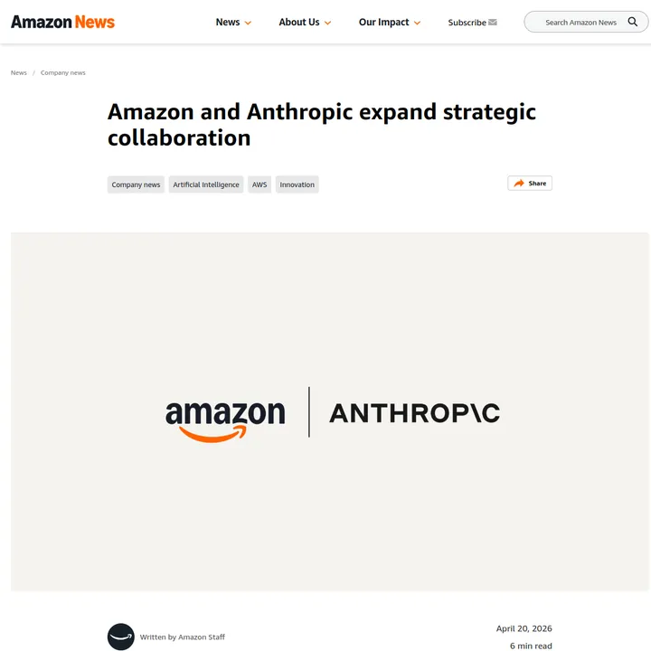 Скриншот Amazon News с заголовком о расширении сотрудничества Amazon и Anthropic