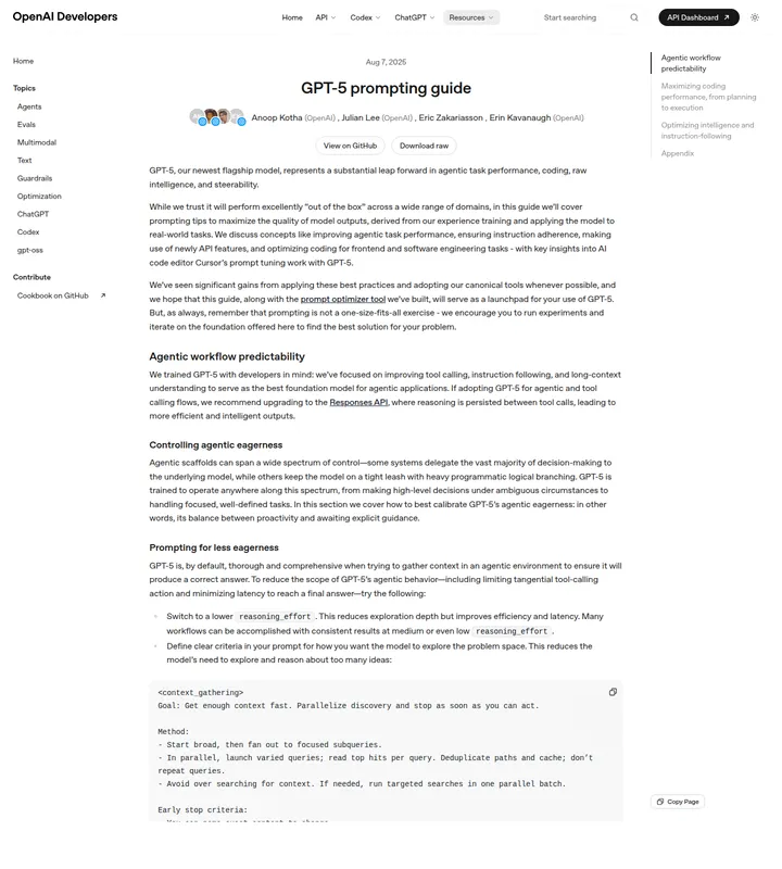 Скриншот страницы OpenAI Developers GPT-5 Prompting Guide