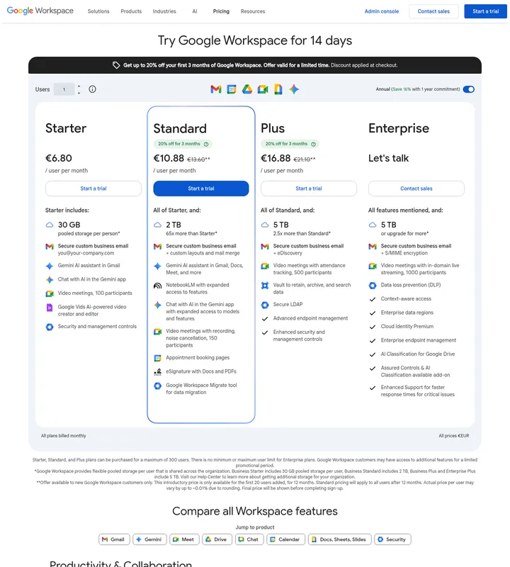 Тарифная страница Google Workspace с планами Starter, Standard, Plus и Enterprise и блоком Gemini для офисных приложений
