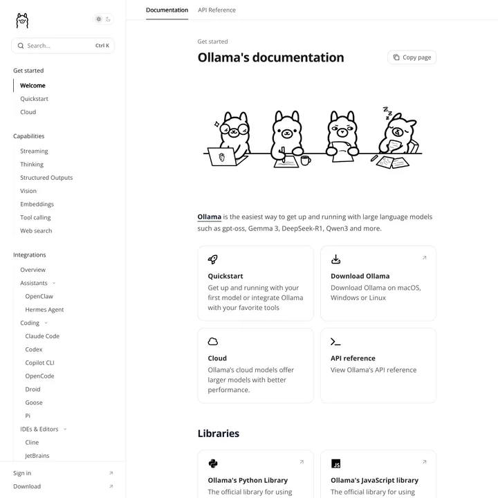 Главная страница документации Ollama с quickstart, cloud и API reference