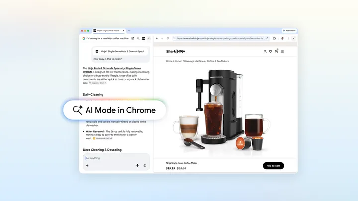 Официальная демонстрация AI Mode в Chrome рядом со страницей товара