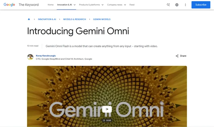 Скриншот официального анонса Google Gemini Omni на сайте The Keyword