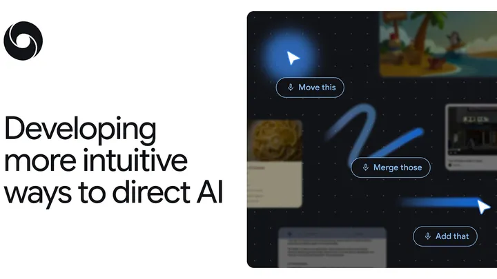 Концепт AI-enabled pointer от Google DeepMind с командами Move this, Merge those и Add that на фоне экранного контекста