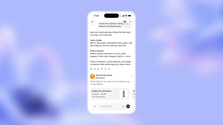 OpenAI включила рекламу в ChatGPT для Free и Go: sponsored card в интерфейсе