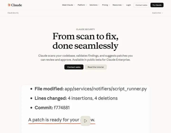 Скриншот верхней части страницы Claude Security с заголовком From scan to fix, done seamlessly