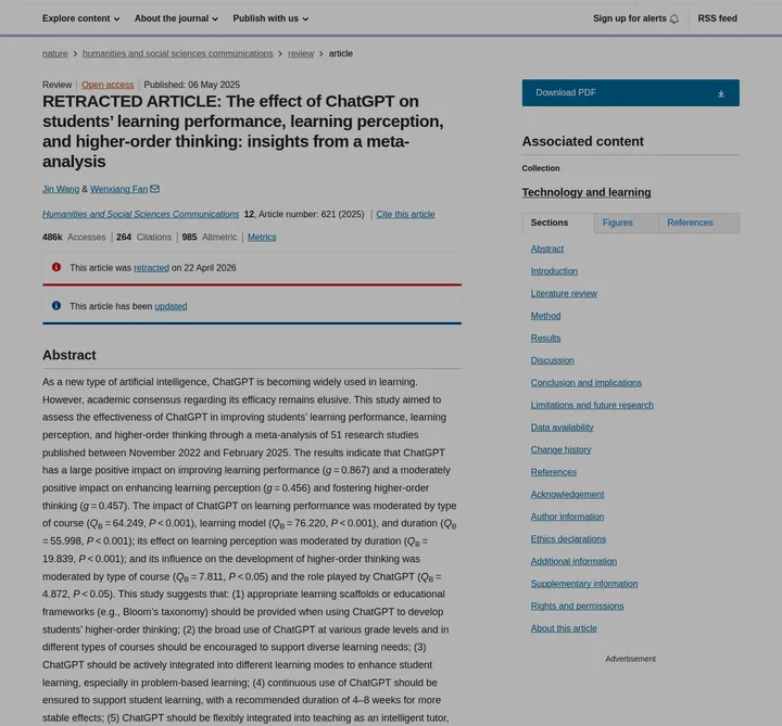 Отозванное исследование Springer Nature о пользе ChatGPT в образовании с пометкой RETRACTED ARTICLE
