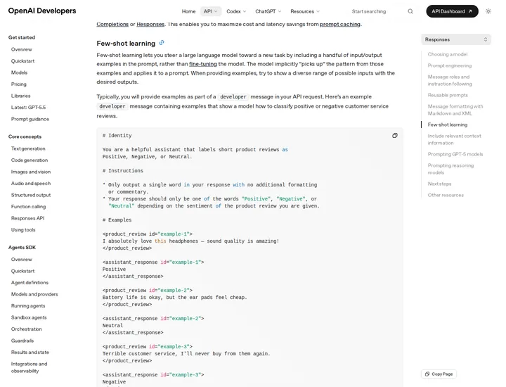 Документация OpenAI Developers с разделом Few-shot learning в guide по prompt engineering