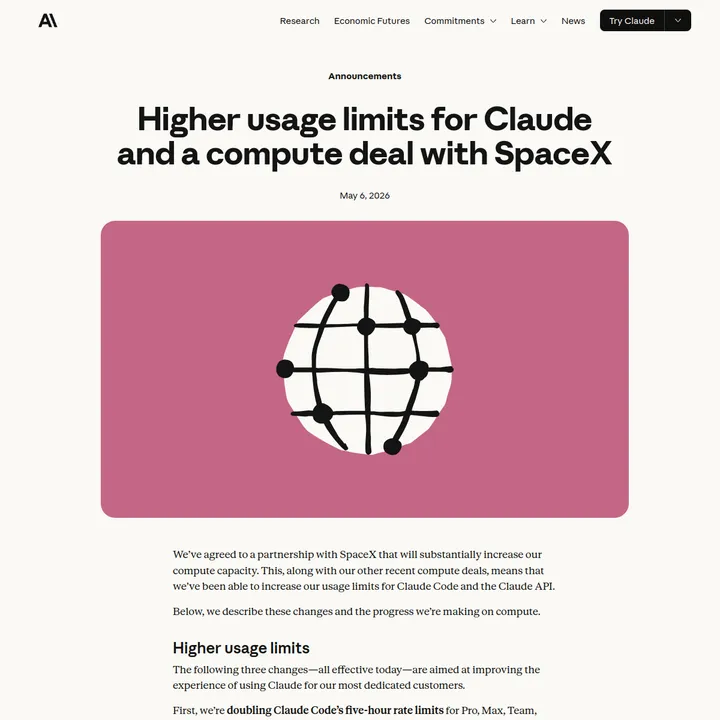 Скриншот анонса Anthropic о росте лимитов Claude Code после сделки со SpaceX