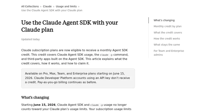 Скриншот справки Claude Help Center про отдельный Agent SDK credit и команду claude -p
