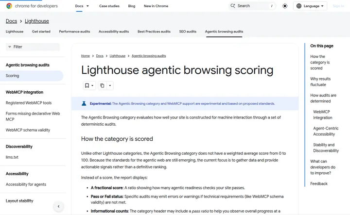 Страница Chrome for Developers с описанием Google Lighthouse Agentic Browsing для AI-агентов