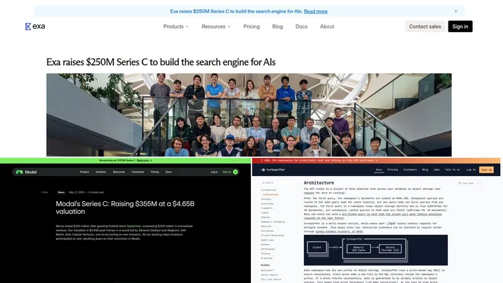AI-инфраструктура Exa, Modal и Turbopuffer: коллаж из официальных страниц и документации компаний