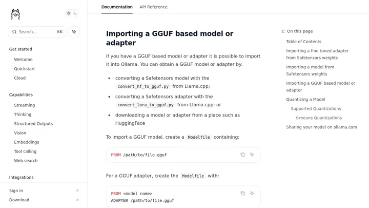 Документация Ollama с разделом об импорте GGUF-модели