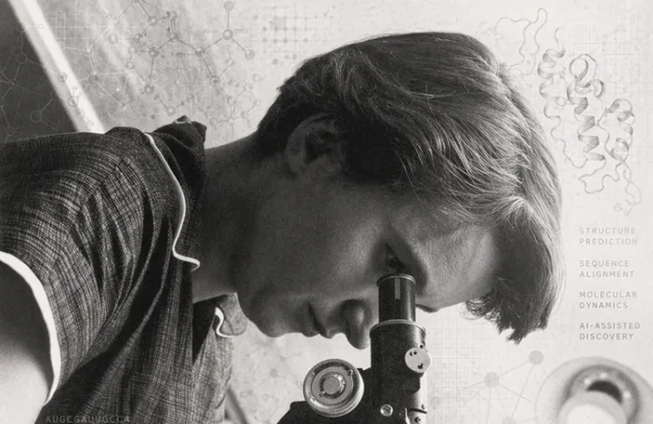 Rosalind Franklin у микроскопа на изображении R&D World к материалу о Rosalind Biodefense