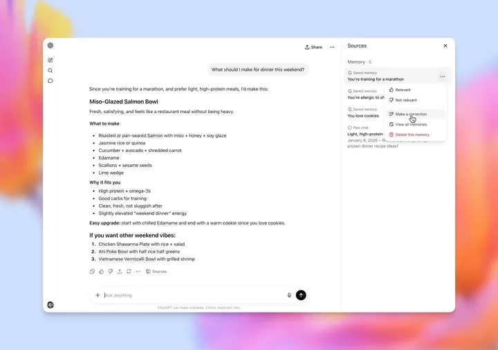 GPT-5.5 Instant в ChatGPT: интерфейс с панелью Sources и Memory после майского обновления