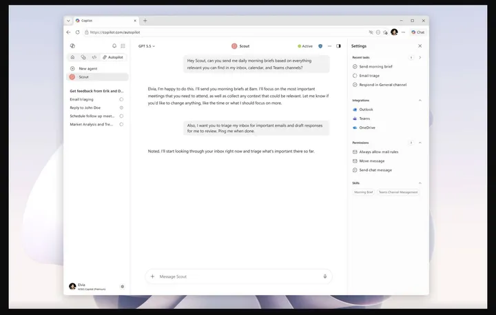 Скриншот интерфейса Microsoft Scout в Copilot с задачами, интеграциями Outlook, Teams и OneDrive