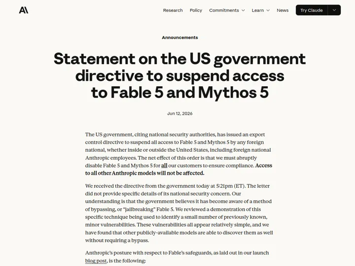 Скриншот заявления Anthropic об отключении Fable 5 и Mythos 5 по директиве США
