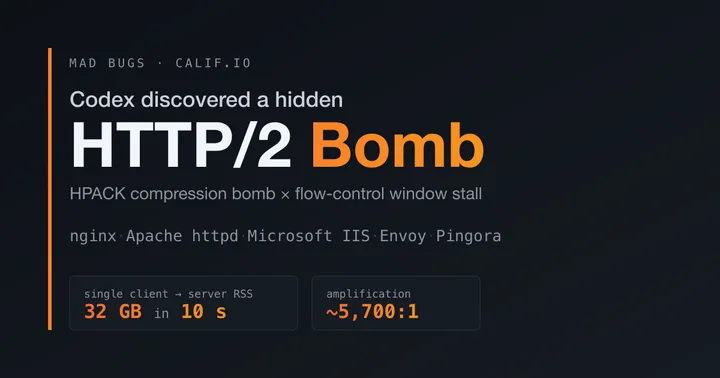 Обложка Calif с надписью HTTP/2 Bomb и краткими параметрами атаки