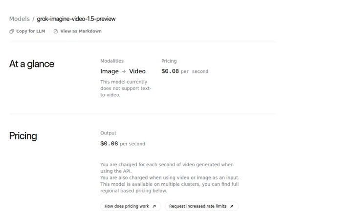 Официальная карточка xAI Docs для модели Grok Imagine Video 1.5 Preview с ценой и ограничением text-to-video
