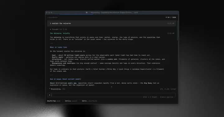 Терминальный интерфейс Grok Build при разборе утечки данных и защиты ключей