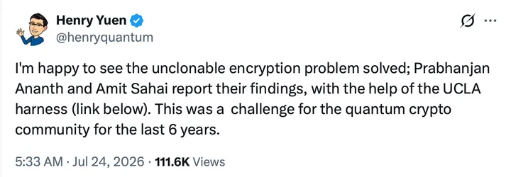 Сообщение исследователя Генри Юэня о решении задачи неклонируемого шифрования