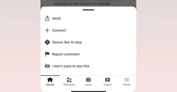 AI-slop в соцсетях: пункт жалобы Seems like AI slop в меню LinkedIn